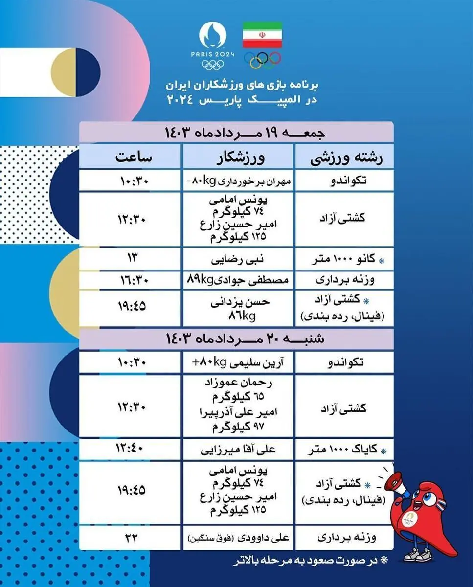 برنامه مسابقات امروز 20 مرداد 1403 ورزشکاران ایران در المپیک پاریس